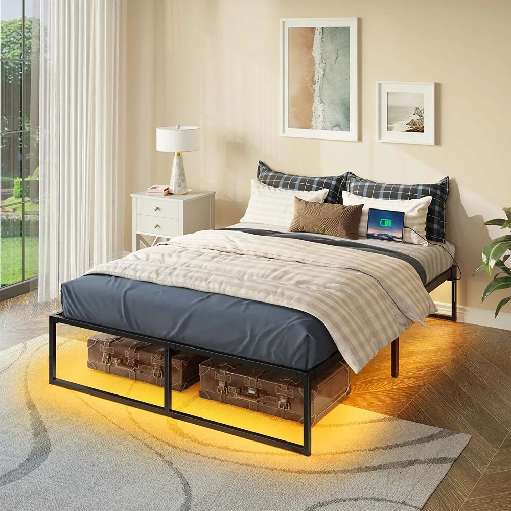 

Bed Frame with USB Charging Station,Full Beds Frames with LED Lights, Platform 14" Storage Space Beneath Bed Frame