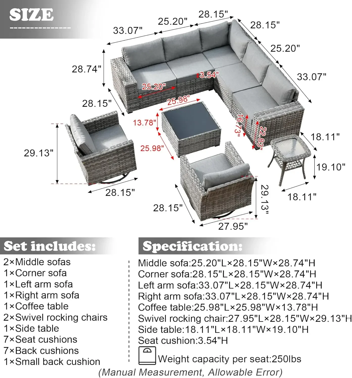 Modular Patio Outdoor Sectional Furniture Set Wicker Conversation Sofa Set,Out Door Couch Set (Dark Grey/Denim Blue)