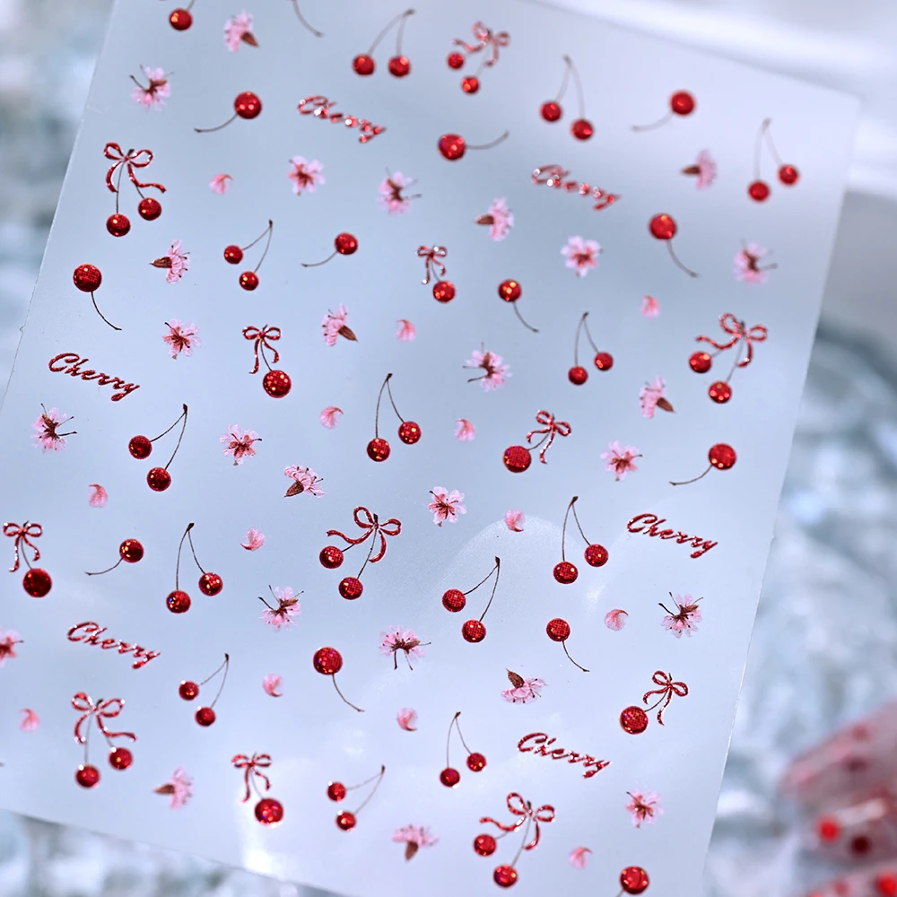 

1 шт. 5D наклейки для ногтей с красными вишнями и цветами сакуры, блестящие, милые, кавайные, мини-вишневые бантики, самоклеящиеся украшения для маникюра