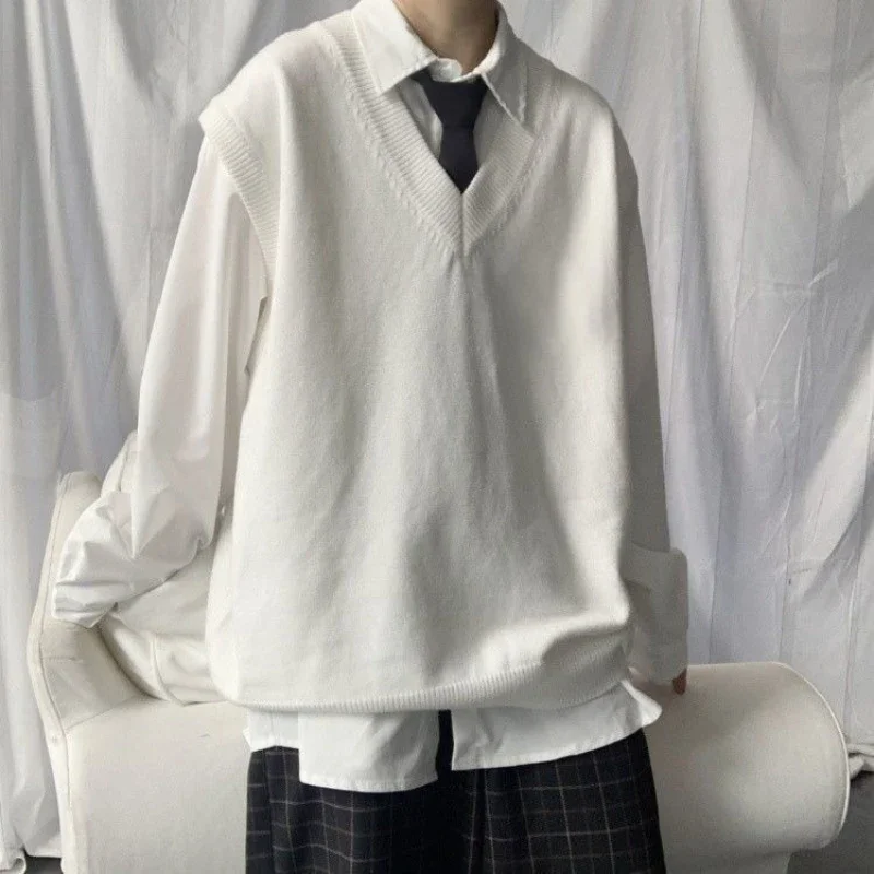 

Мужской свитер без рукавов в корейском стиле с v-образным вырезом, жилет свободного покроя, элегантный академический сплошной цвет, одинаковые минималистичные многослойные пары