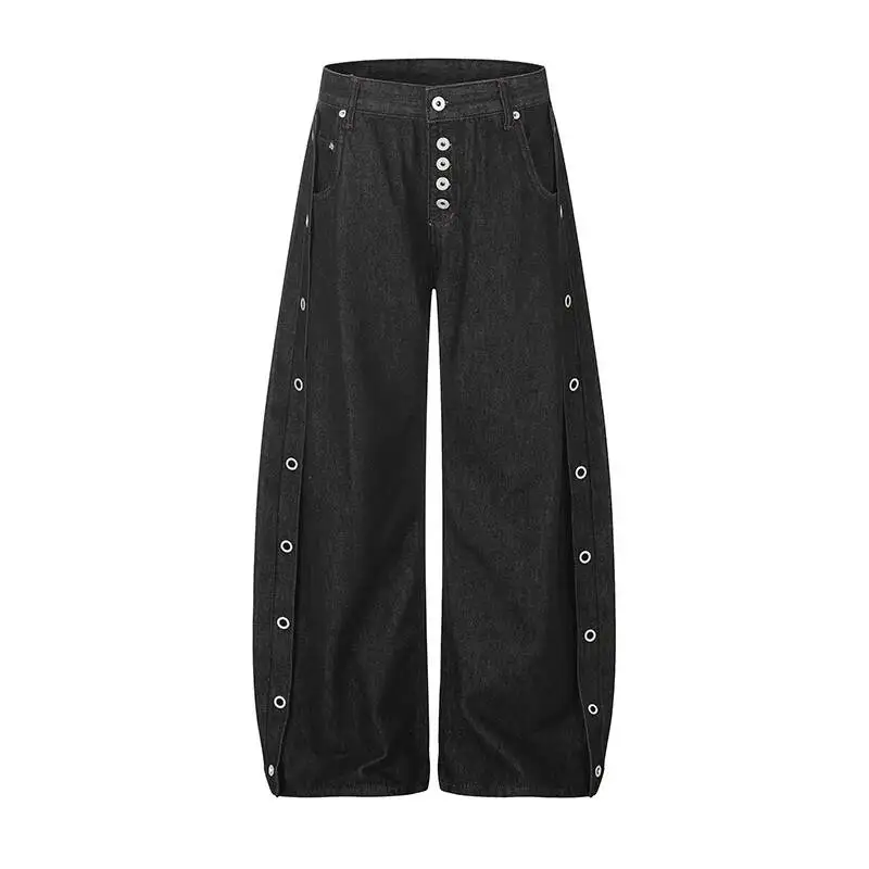 High Street Button Side Eyelet Scythe Cut Deconstructed Silhouette Raw Denim Men's Jeans Versatile Casual Denim TrNTHZ
