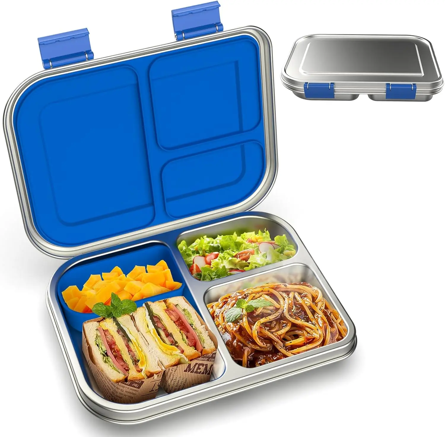

Kids Stainless Steel Bento Lunch Box, 3 Compartments with Silicone Container, Dishwasher-Safe & Leak-Proof for School and Travel