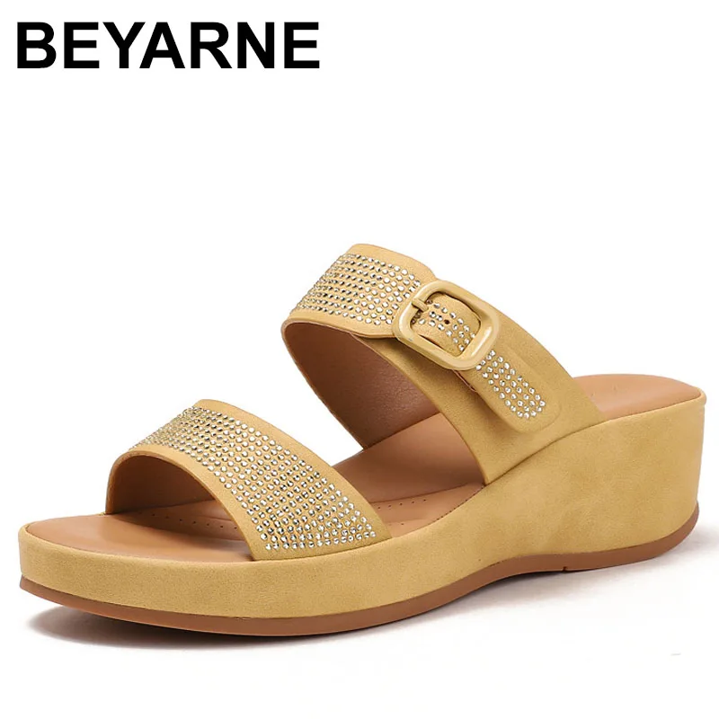 

Beach Thong Slippers Women's Cross Band Water Diamond Thi Heel Slope Follow PU Material Teenager Suitable