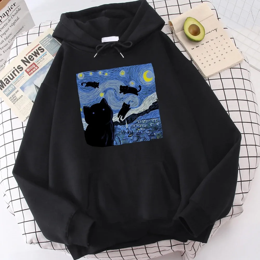 

The Starry Cat Night Printing Hoodies Men Autumn Oversize Hoodie Fashion Fleece Sweatshirts Casual Regular style Women's top