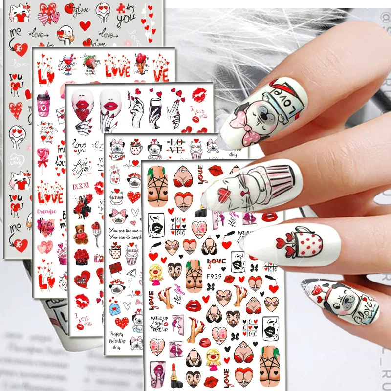 

New Arrivals Valentines Day Nail Art Sticker Lover Heart Letter Cute Girl Cupid Cartoon Design Slider Decal For Nails Decoration