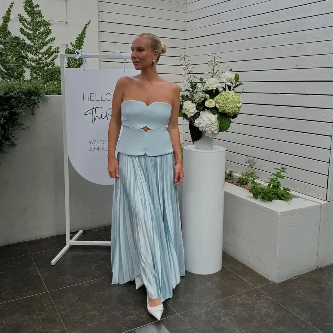 Elegant Blue Off Shoulder Pleated Dress For Women Sleeveless Backless A Line Dresses 2024 Spring New Female Vacation Party Robes