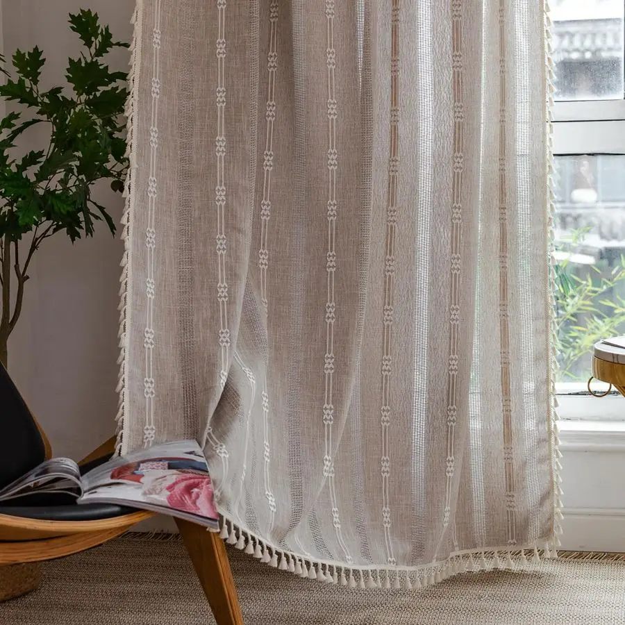 Cortinas de Lino para Sala de Estar de 63, 84 y 96 Pulgadas de Largo, Bordadas, a Rayas, Estilo Rústico, de Algodón, Semiopacas, para Dormitorio, con Borlas