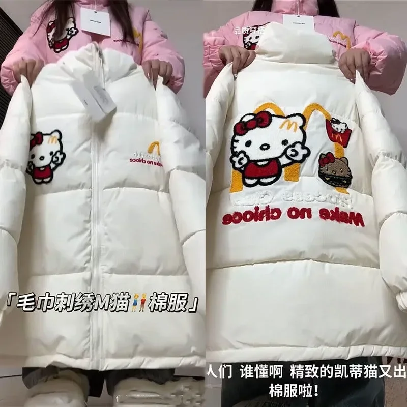 Hello Kitty autumn and winter small fresh three-dimensional towel embroidered couple cotton coat loose cute warm jacket trendy