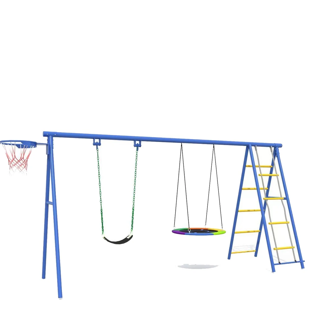Crianças jardim ao ar livre disco de metal balanço conjunto cinto aro basquete comercial ao ar livre playground balanço com slide e balanço para