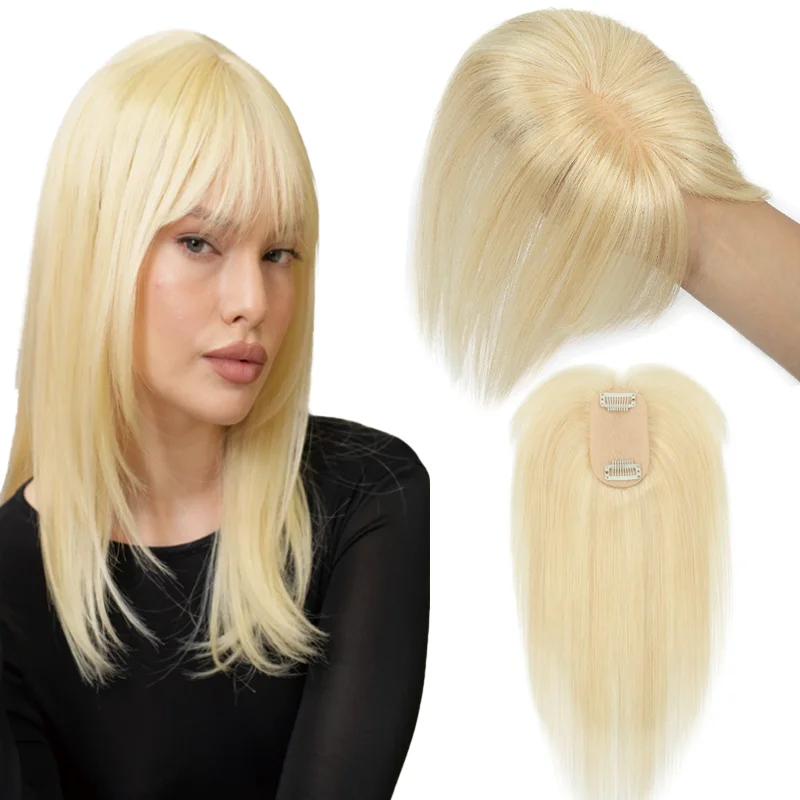 Für dünnes Haar: Natürlicher Echthaar-Haartopper mit unsichtbarer Spitze, einteilig, 2 Clips, 5x9cm Basis, hohe Qualität, für den täglichen Gebrauch, zur Abdeckung grauer Haare