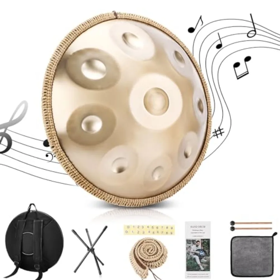 

Handpan 22 Inches Drum Set 440Hz 9 Notes Premium Steel Hand Drum Instrument in Silver with Carrying Case Drumsticks Spiral Wrap