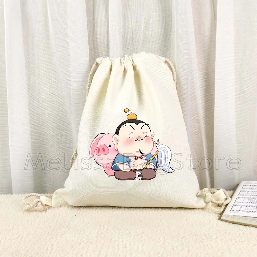 Cute Cartoon Ne Zha Ao Bing The Demon Boy Chinese Anime Gifts Canvas Drawstring Backpack Bags Sports Gym Sackpack String Bag