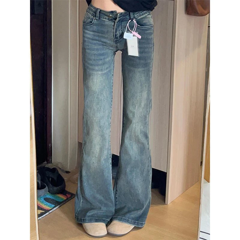 Damen High-Waist Retro Blaue Schlagjeans, Schicke Koreanische Gerade Denim-Hose, Mädchen Slim Fit Alltagshose