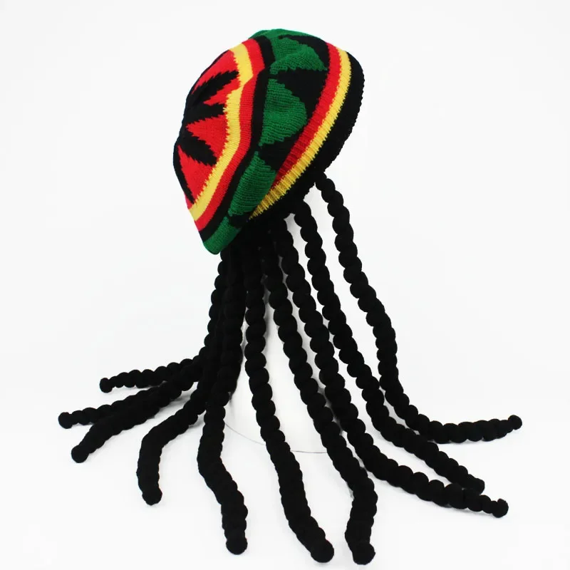 Men Women Novelty Dreadlocks Wig Hat Reggae Jamaican Style Crocheted Knitted Beanies Long Black Hair Halloween Beret Cap