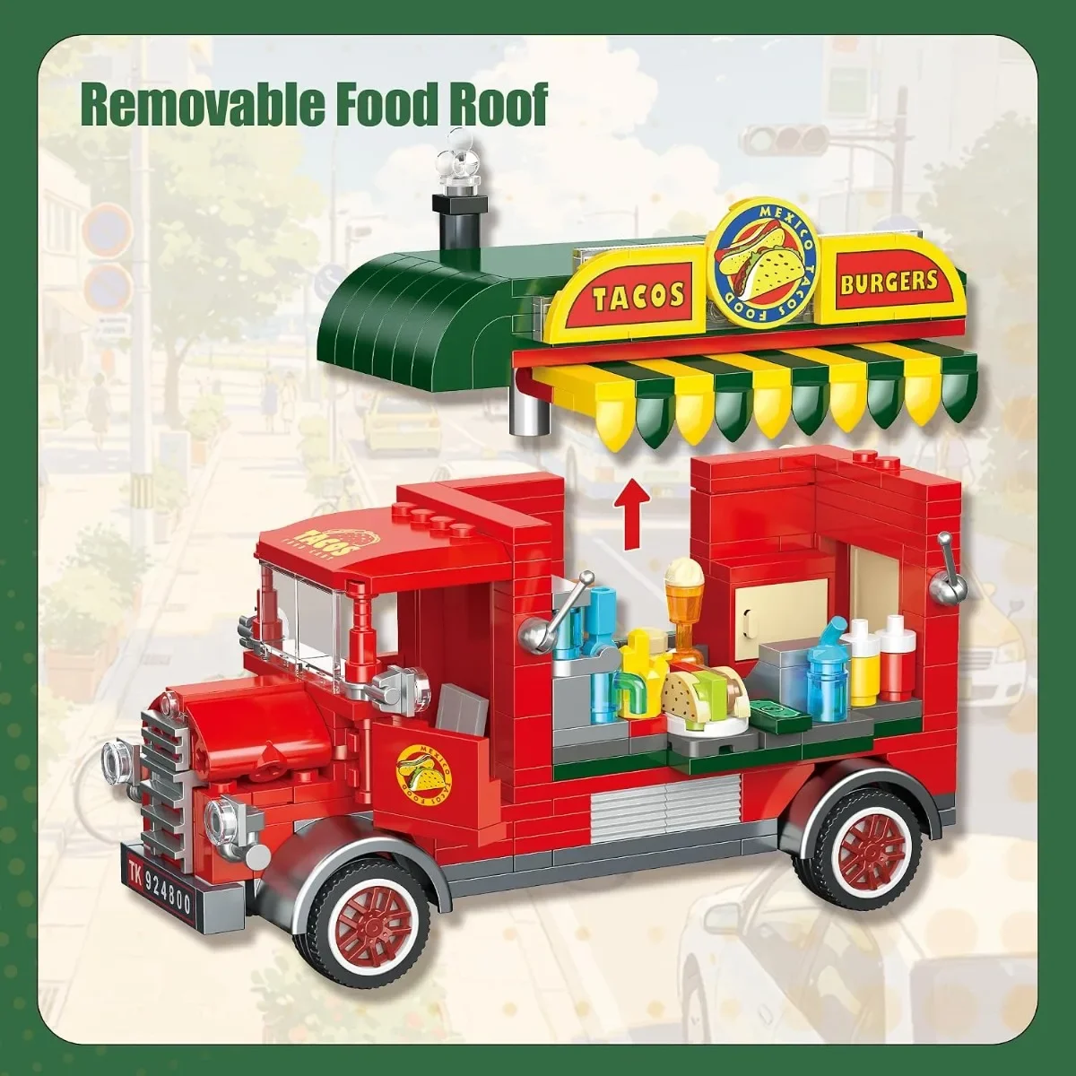 City Street Taco & Burger Truck Building Kit, Food Cart Model with Serving Window, Creative Display Collectible for Adults