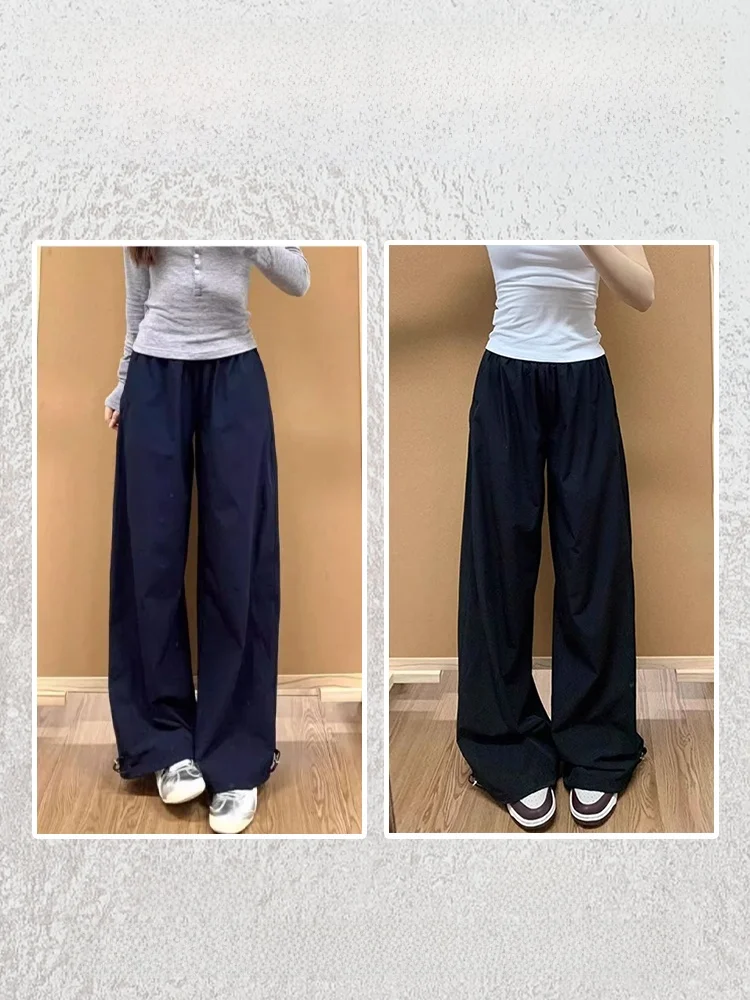 블루 하이웨이스트 스트레이트 레그 워크웨어 팬츠 여성 여름 얇은 퀵 드라이 스포츠 바지 아메리칸 레트로 슬리밍 플로어-...