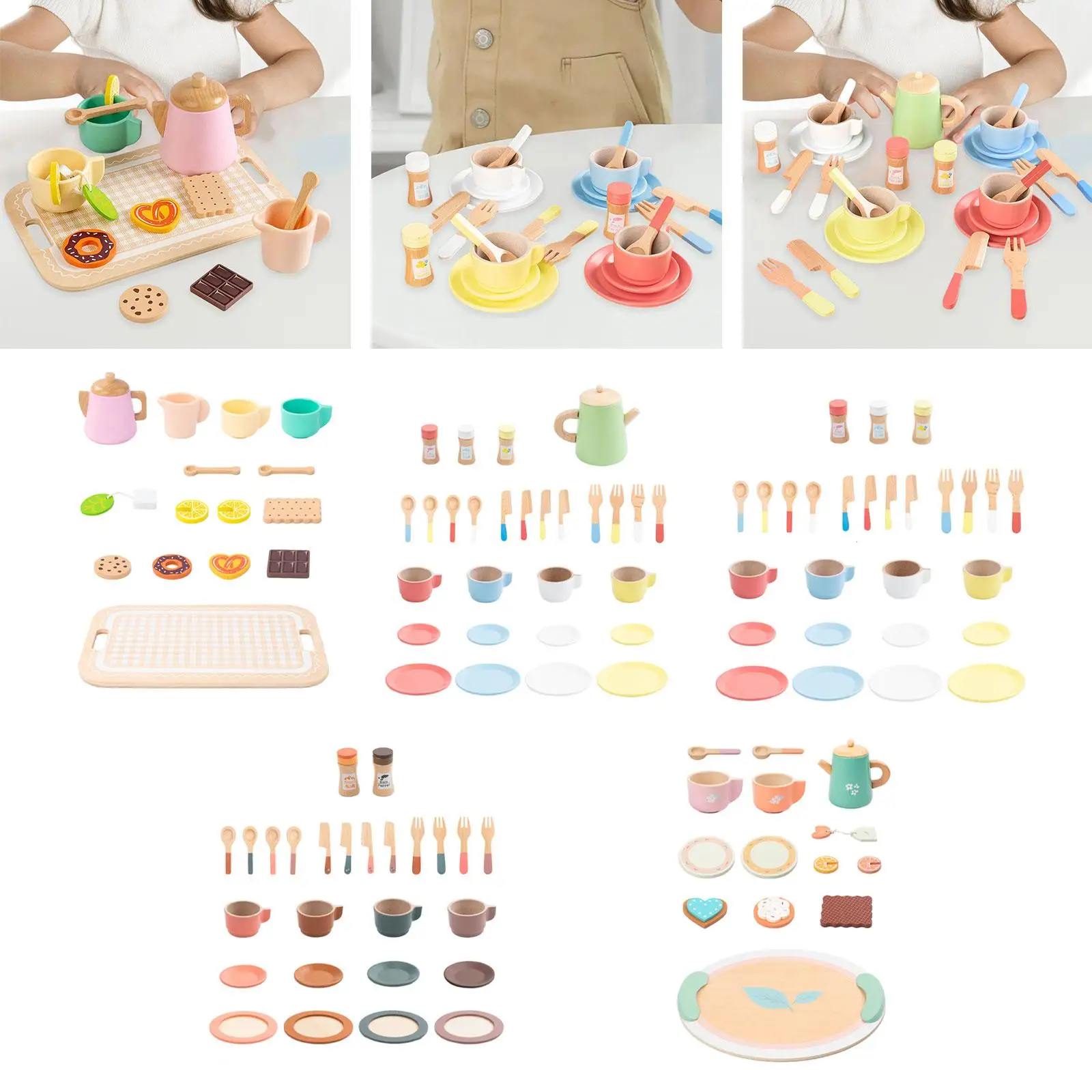 Juego de fiesta de té para niños, juguetes de madera para niñas de 2, 3, 4, 5 y 6 años, juego de té de la tarde, accesorios de cocina para juego de imitación de princesa