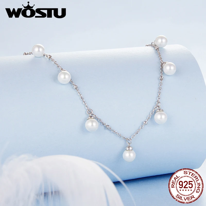 WOSTU حقيقية 925 فضة اللؤلؤ قطرة قلادة قلادة المرأة أنيقة قذيفة اللؤلؤ عيد ميلاد مجوهرات هدية لفتاة أمي