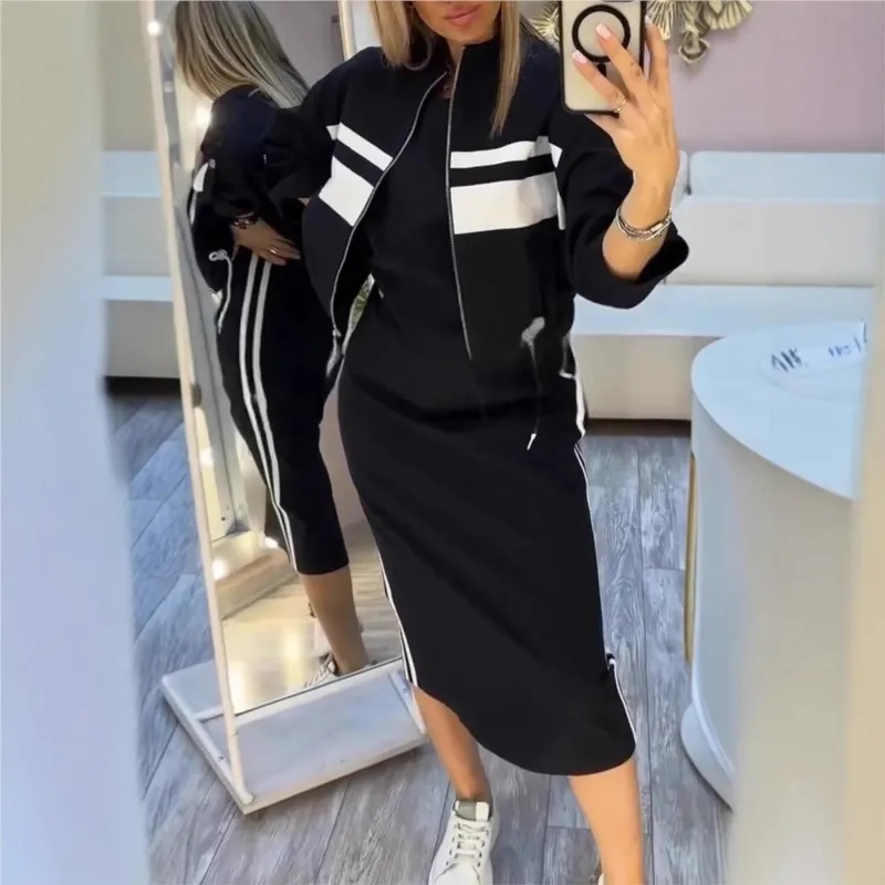 Fashion Sports Dress Women's Set Striped Printed Jacket Drawstring Short Coat + Straight Dress Two-piece Set Casual Sportswear image 5