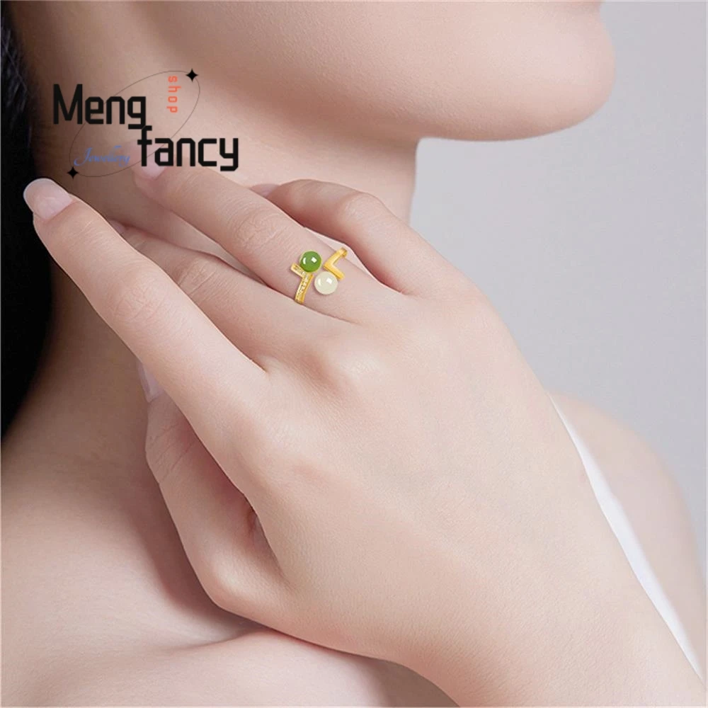 المواد الطبيعية القديمة Hetian اليشم حبة مستديرة خاتم ارتفع الذهب S925 الفضة مطعمة عالية الجودة المرأة مجوهرات الأزياء هدايا العيد