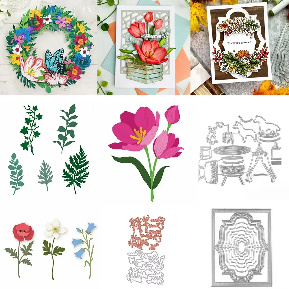 Schichten Tulpen Blume Grün Blätter Metall Stanzformen Liebe Sentiment Worte Sterben Für DIY Scrapbooking Dekor Karten Handwerk Machen