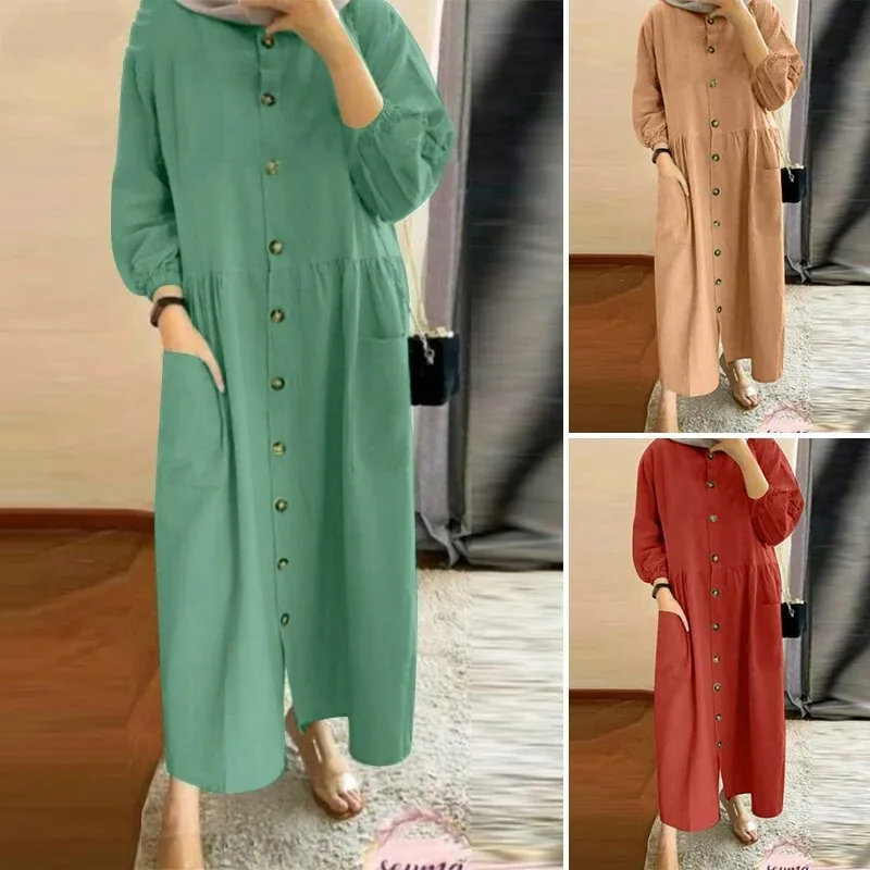 2024 Muslim women's casual cardigan with pocket insert dress, round neck with bubble sleeves, loose sun skirt