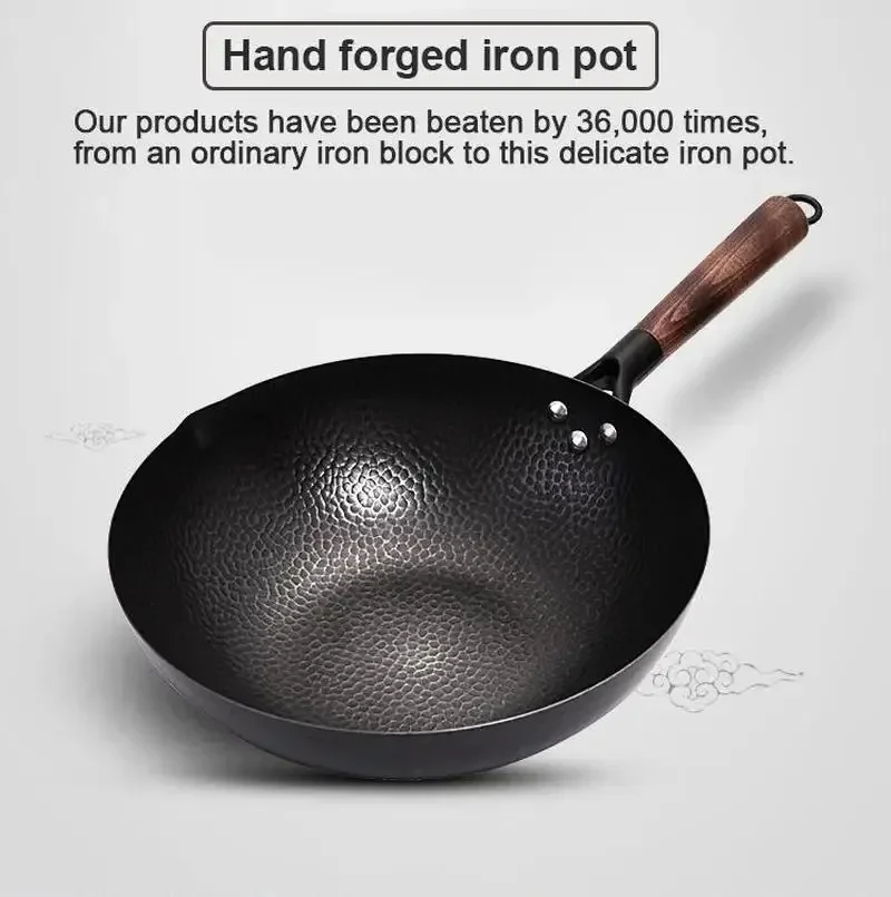 Handmade Iron Pot 32CM Frying Pan Uncoated Health Wok Non-Stick Pan Gas Stove Induction Cooker Universal Wood Cover Iron Wok