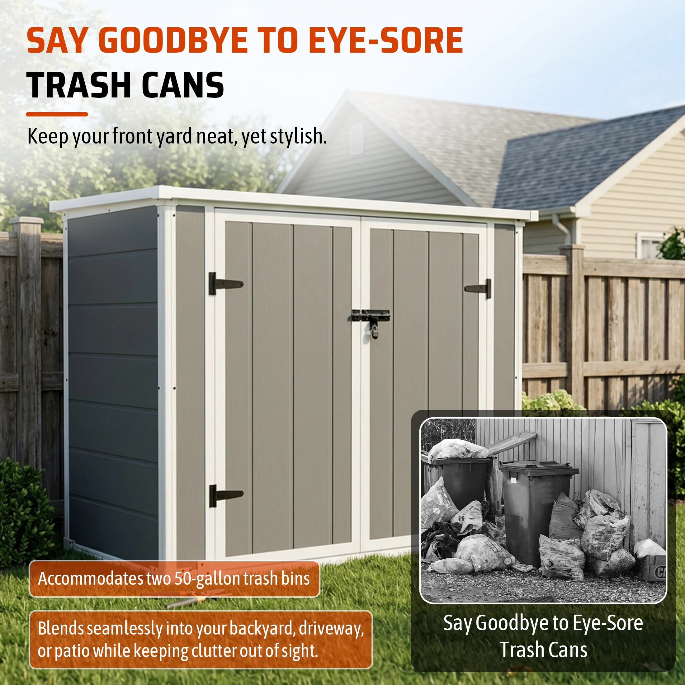 5x4 FT Outdoor Plastic Storage Shed, Waterproof Resin Garden Tool Cabinet All-Weather Storage Box, Floor & Hydraulic Lid, Fits Trash Cans, Mower & Bikes for Patio Backyard Lawn, Gray