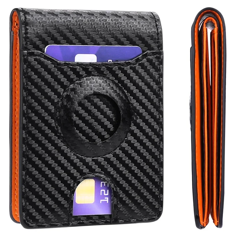 Airtag Wallet Men Card Holder with Airtag Holder Carbon Fibre Black Orange Color Contrast Slim Slim Man Wallet Men\'s Fold Wallet