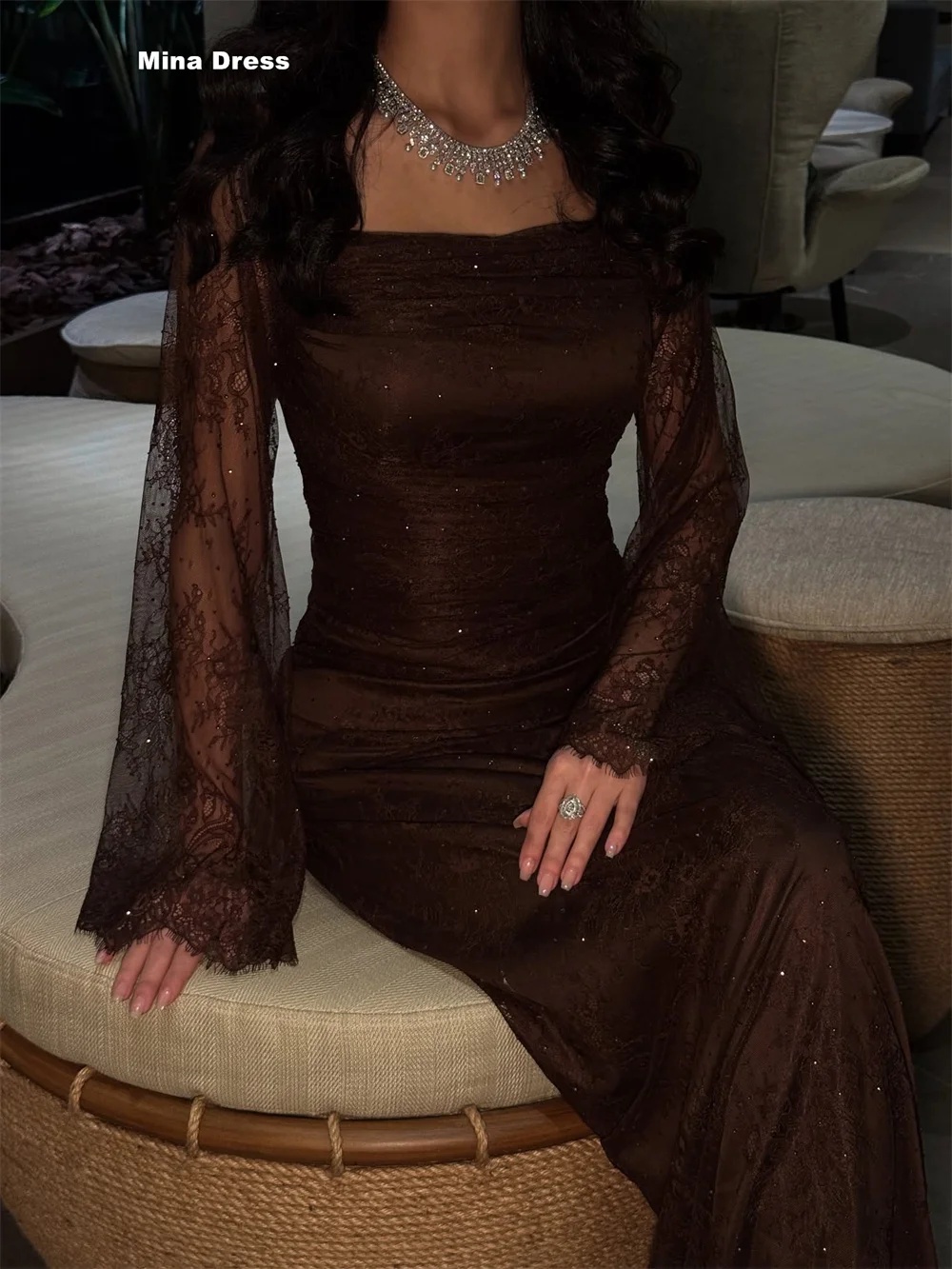 Mina Customized Brown Luxury Women's Elegant Party Dress Lace Embroidered Long Sleeves Square Collar Evening Dresses Brands Prom image 6