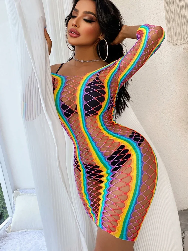 Ladies Sexy Underwear Rainbow High Elastic Nightwear Girls One-piece Erotic Bodycon Dress See Through Hollow Mini Short Skirt
