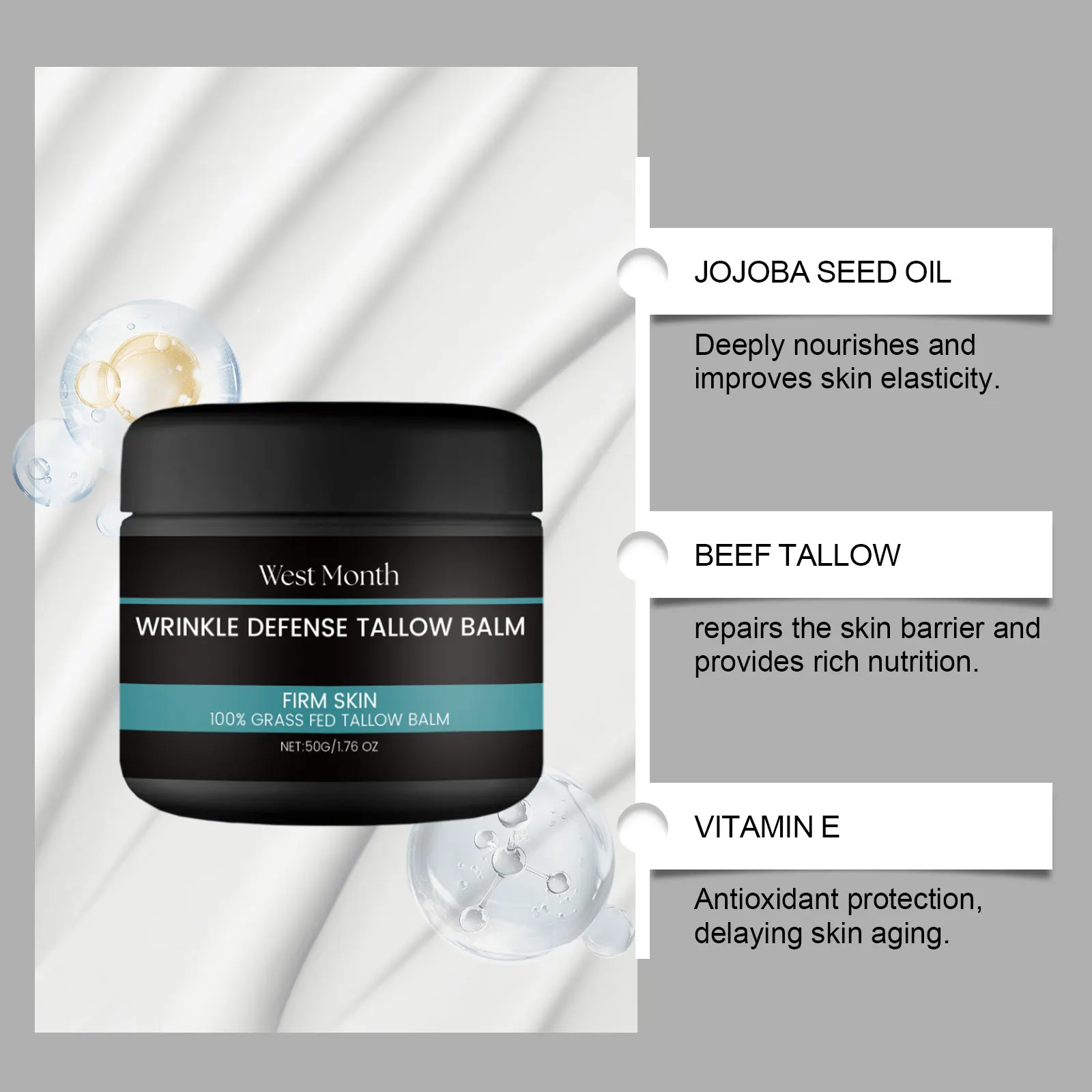 West&Month Balsamo viso Tallow da uomo, carbomer, trietanolamina, Tallow, viso, idratante e idratante, contenuto netto 50,00 g