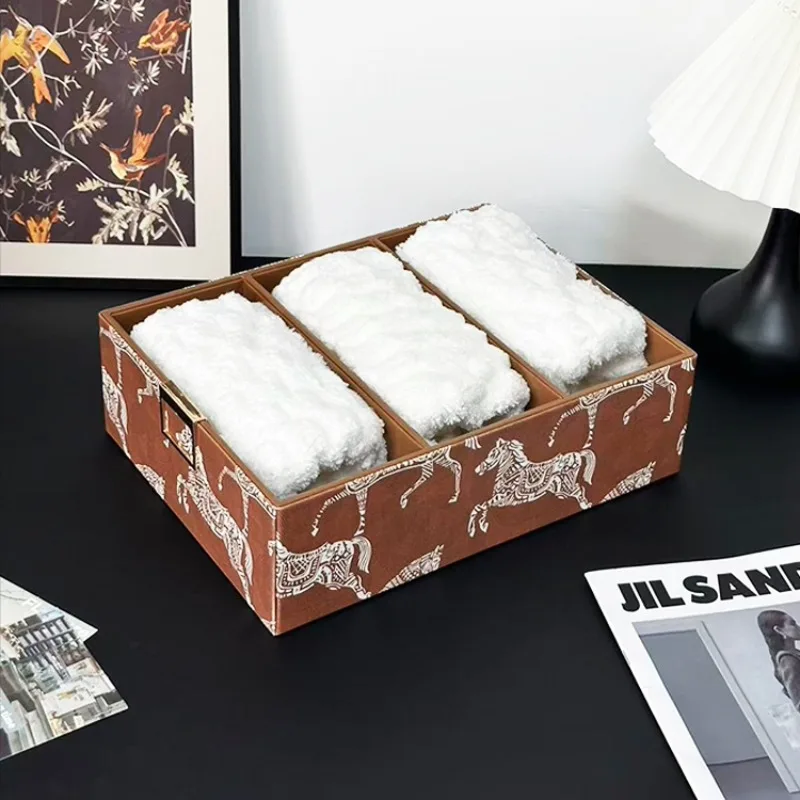 High quality Leather Storage Box Underwear Socks Three-in-one Grid Finishing Box Multi-Functional Home Organizer Accessories