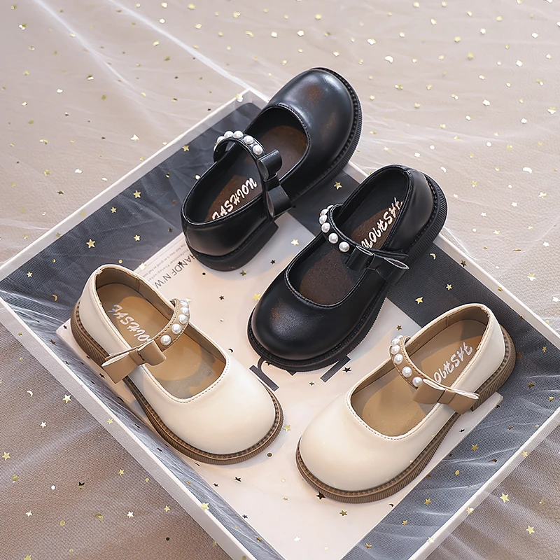 Beaded Strap Leather Shoes for Girls 2025 New Autumn Toddler Dress Shoes with Bow Soft Sole Elegant Girls School Mary Jane Flats