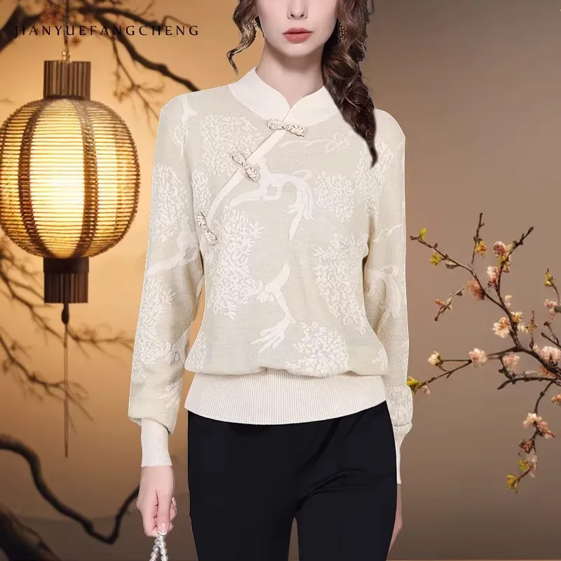 

Женский свитер-пуловер из 100% лиоцелла, осень 2025, новинка, в китайском стиле, жаккардовый трикотаж