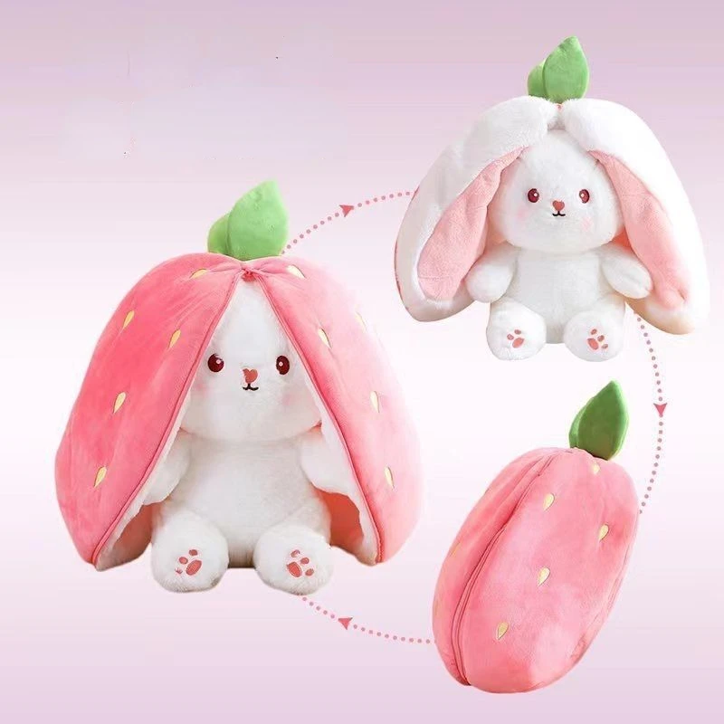 

35cm Creative Funny Doll Carrot Rabbit Plush Toy Stuffed Soft Bunny Hiding In Strawberry Bag Toys Kids Birthday Cartoon Gift