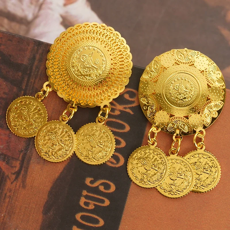 New Turkih Coin Brooch Pin Gold Pated Jewelry Pins for Women Arabic Middle East Wedding Brosch for Women Ethnic Bride Gifts