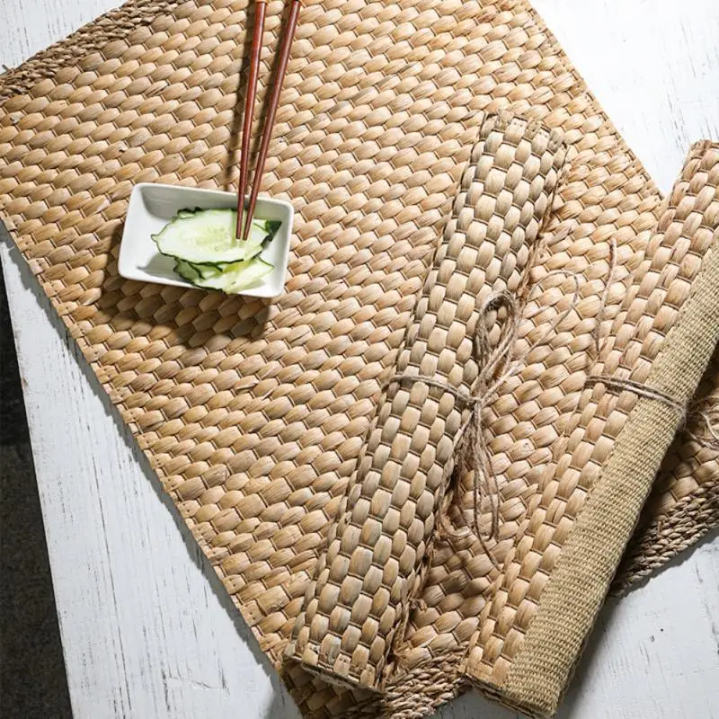 Tapete de lugar de ervas marinhas naturais, tecido à mão, retangular, rattan, palha, copo de chá, suporte de pote, acessórios de utensílios de cozinha