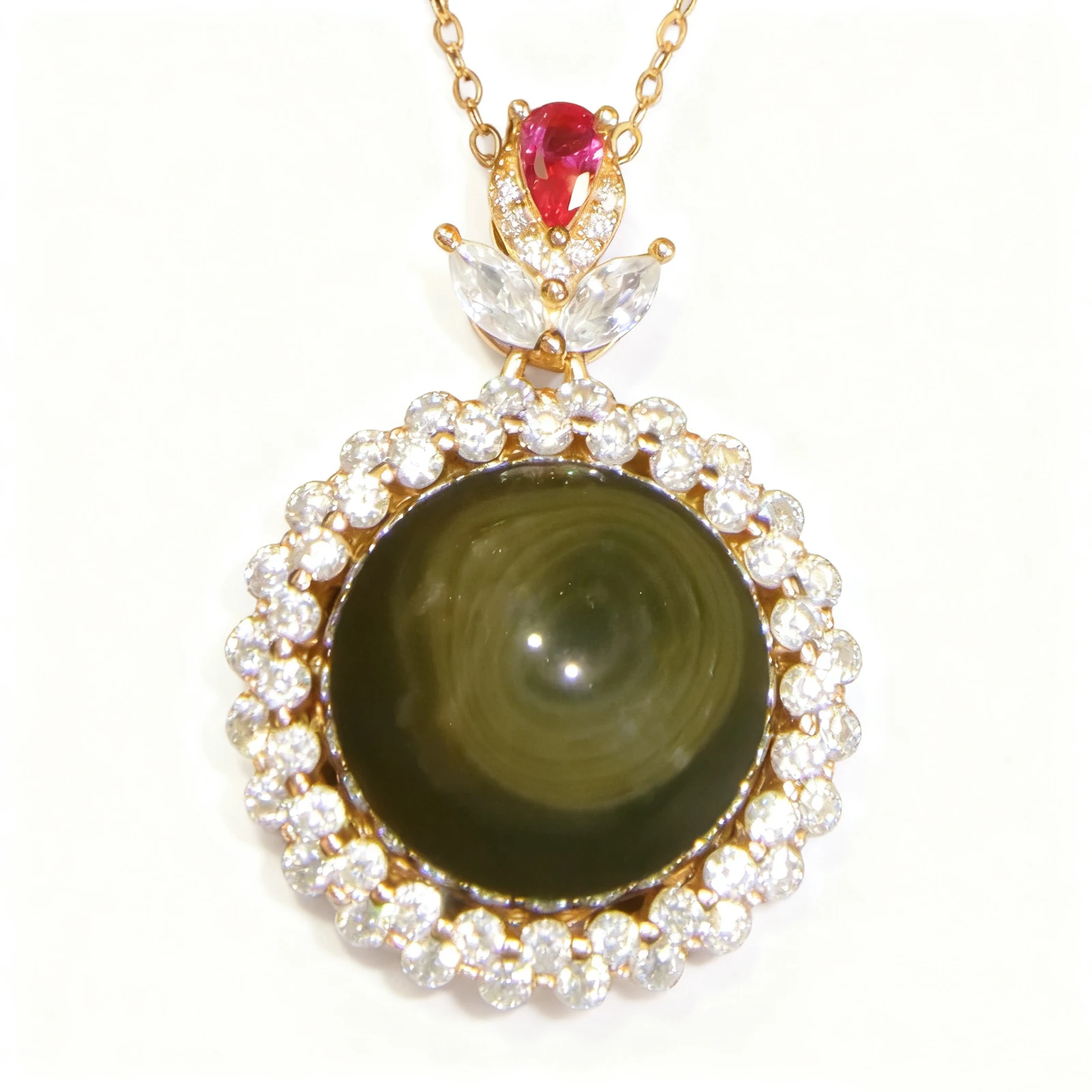 Natural Mexican Blue Amber Sterling Silver Pendant 16mm Round Bead Surrounded by Cubic Zirconia Necklace Jewelry Gift for Women