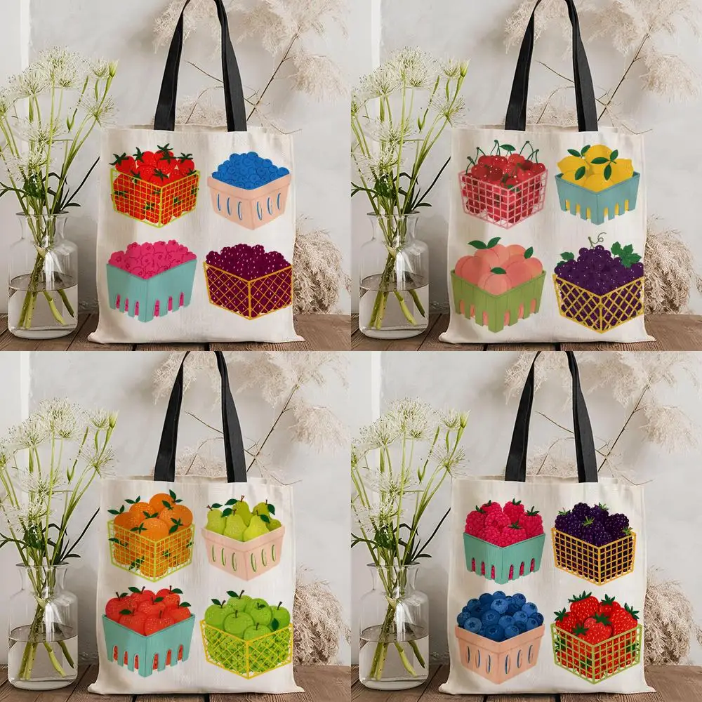 Sacs de rangement pour fruits d'été, sac fourre-tout en toile imprimé double face, sac à main écologique réutilisable de grande capacité