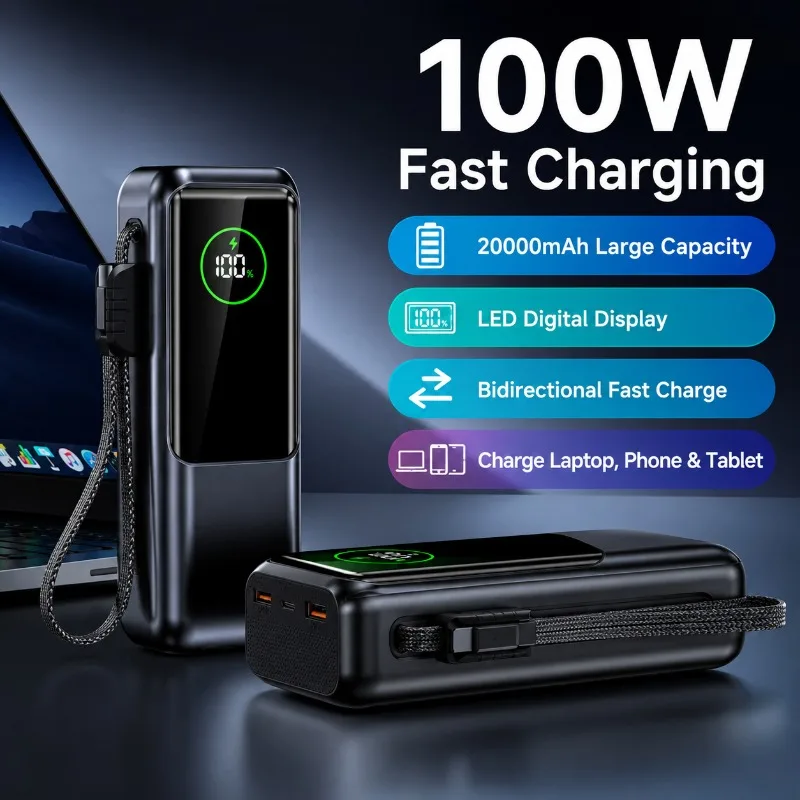 

100W Power Bank 20000mAh PD Fast Charging LED Display Dual USB-C Portable Charger for Laptop Phone Outdoor Travel Power Bank