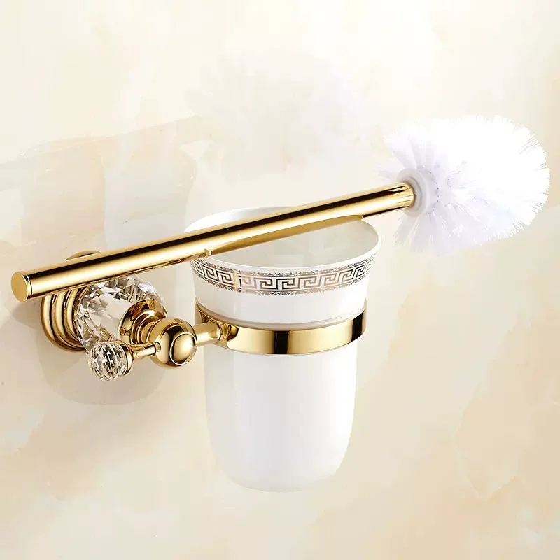 Tuqiu Gold Toilet Brush Holder with Brush Brass and Crystal Bathroom Toilet Scrub Cleaning Brush Holder Set