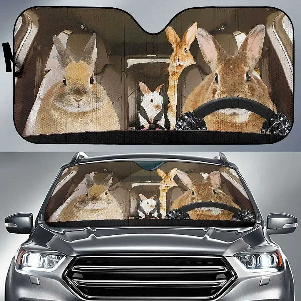 Funny Rabbit Family Driving Bunny Cute Animal Car Sunshade, Gift for Rabbit Lover, Car Windshield Durable Material Auto Visor fo