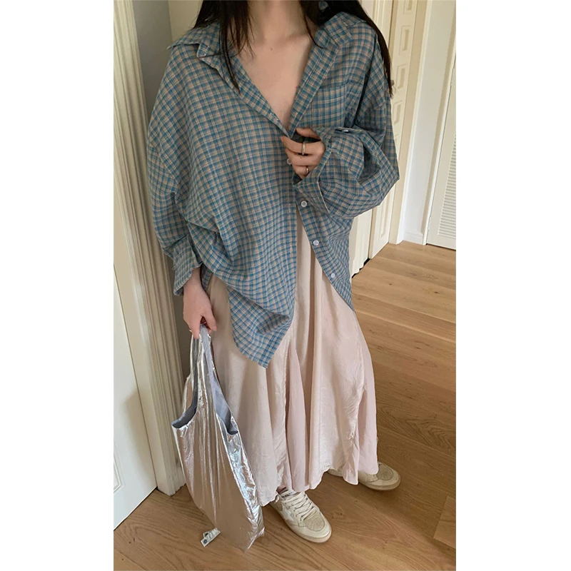 Harajuku Plaid Sun Proof Shirts Women Streetwear Oversized Long Sleeve Blouses Summer Korean Fashion Loose Sun Protection Tops