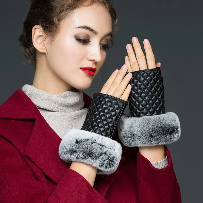 Women\'s Autumn and Winter 100% Genuine Leather Half Finger Fashion Gloves Sheepskin Half Palm Dew Finger Luxury Warm Gloves