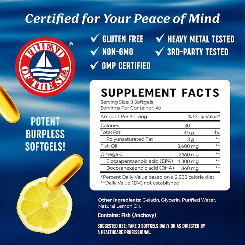 Omega 3 Fish Oil Supplement Omega-3, EPA and DHA, Helps Brain Development & Cardiovascular Health, Support Bone & Heart Health
