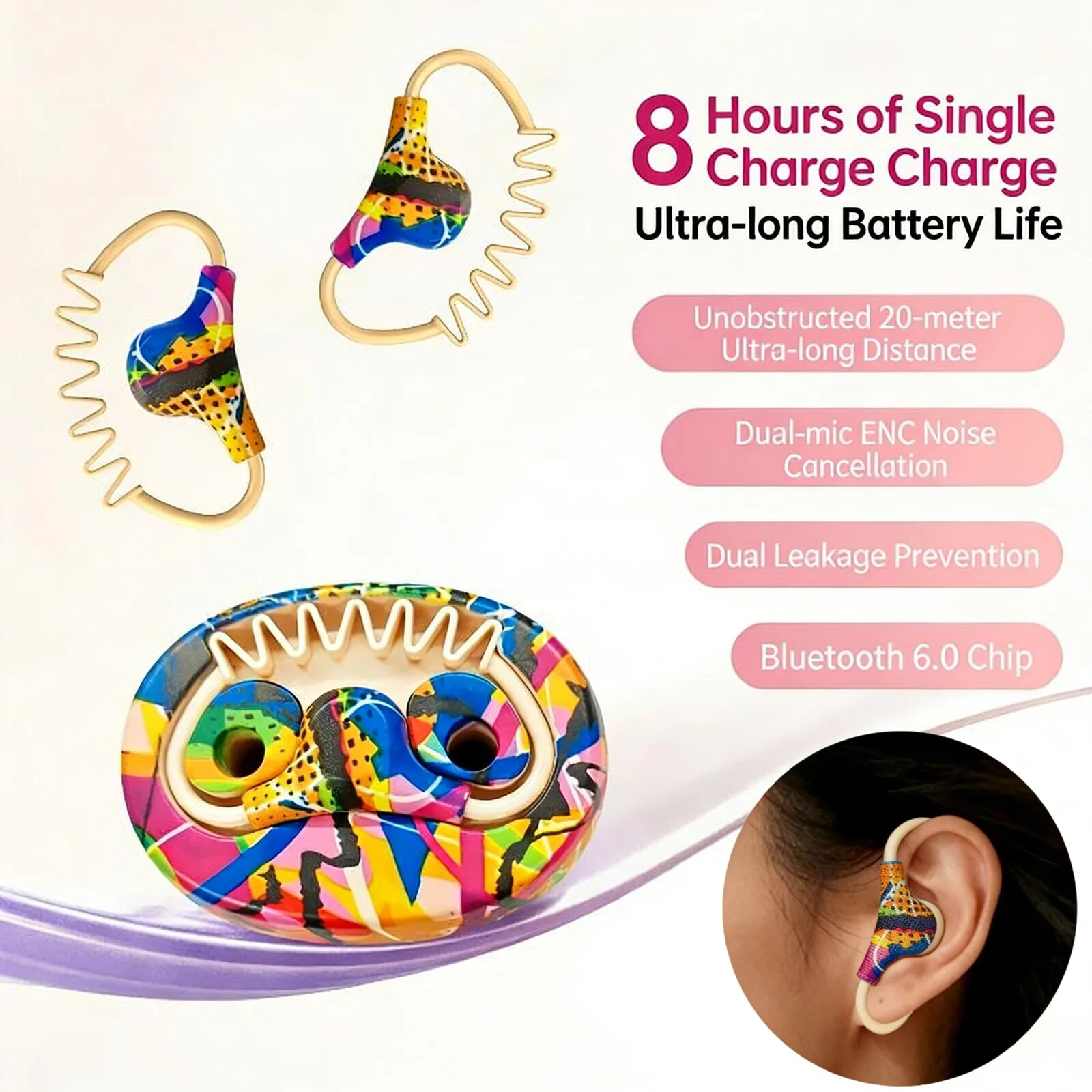 

Retractable Spring Cord Earhook Wireless Bluetooth Earphones Noise Reduction Long Battery Life Lightweight For Sport Game Music