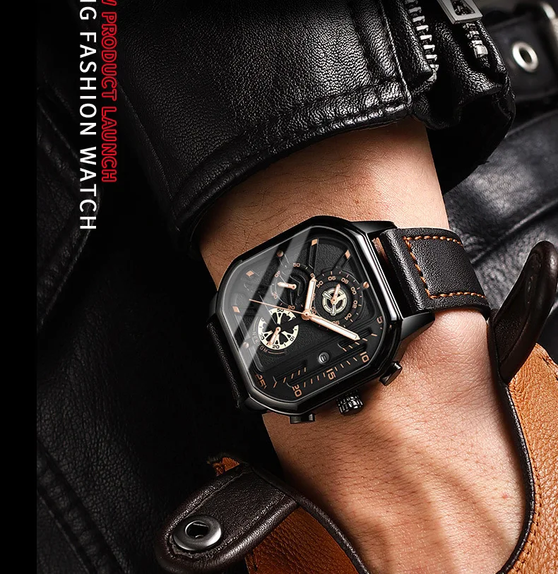 Reloj de pulsera con cronógrafo para hombre, cronógrafo informal, deportivo, de lujo, con correa de cuero, de negocios, resistente al agua, con fecha