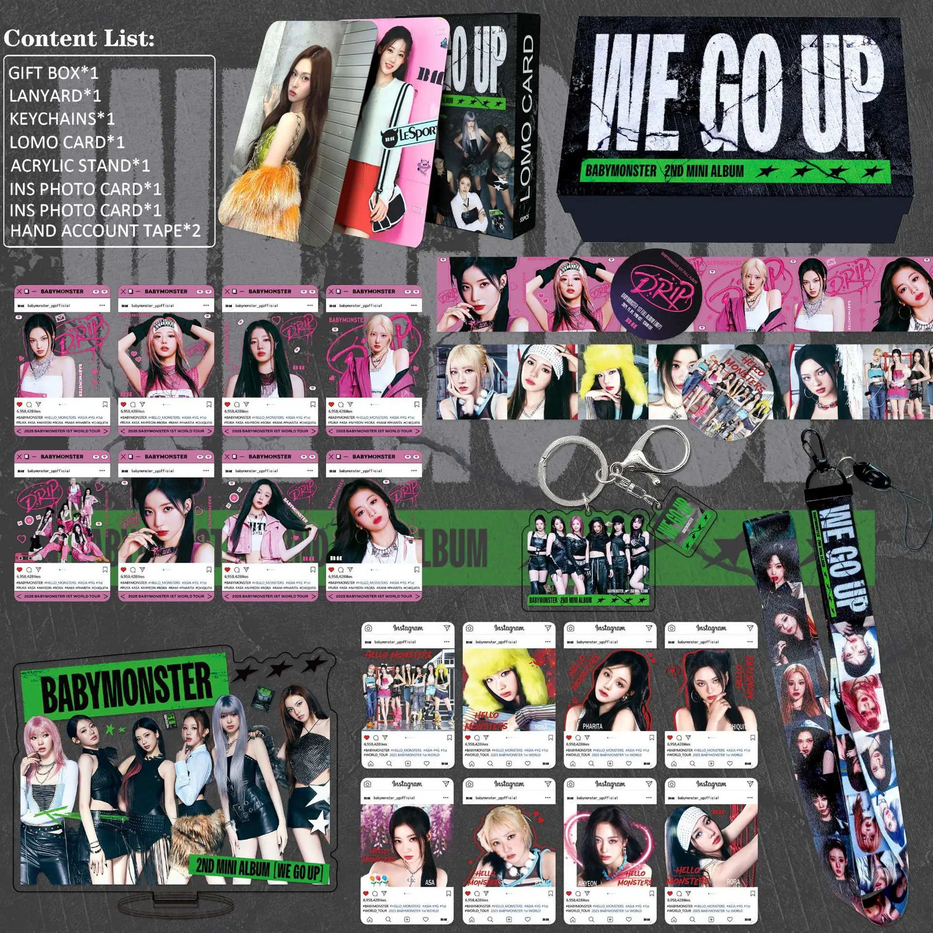 KPOP Korean Girl Group BABYMONSTER Gift Box Mini Album WE GO UP Star Peripheral Gift Keychain Sticker Small Card Set  LOMO