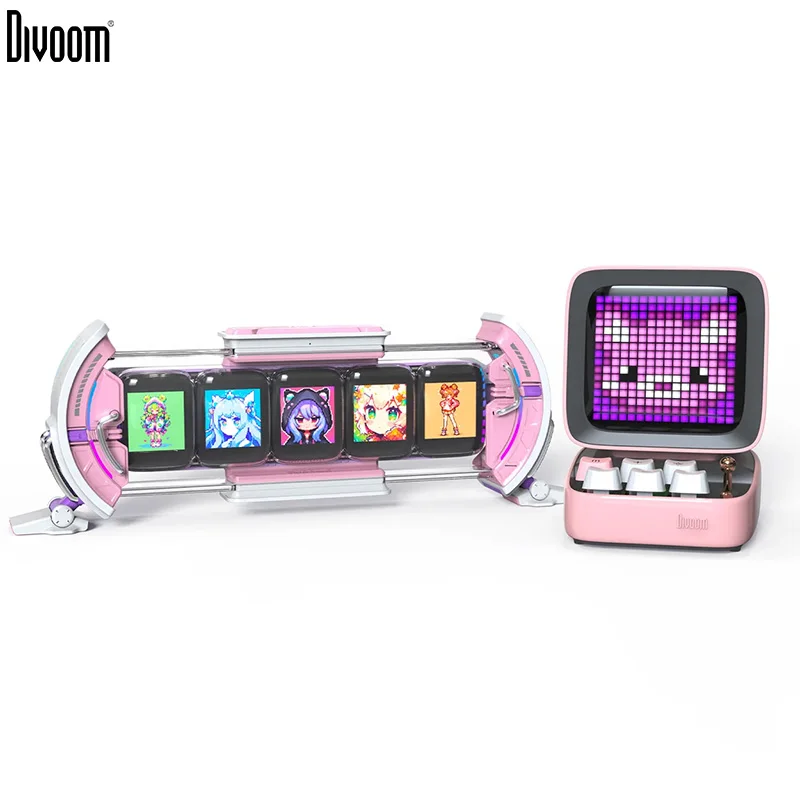 Ditoo Pink+Times Gate Pink - Cute Pixel Display Art Bluetooth Speaker and Gaming Digital Clock Desk Setup with APP Home Decor